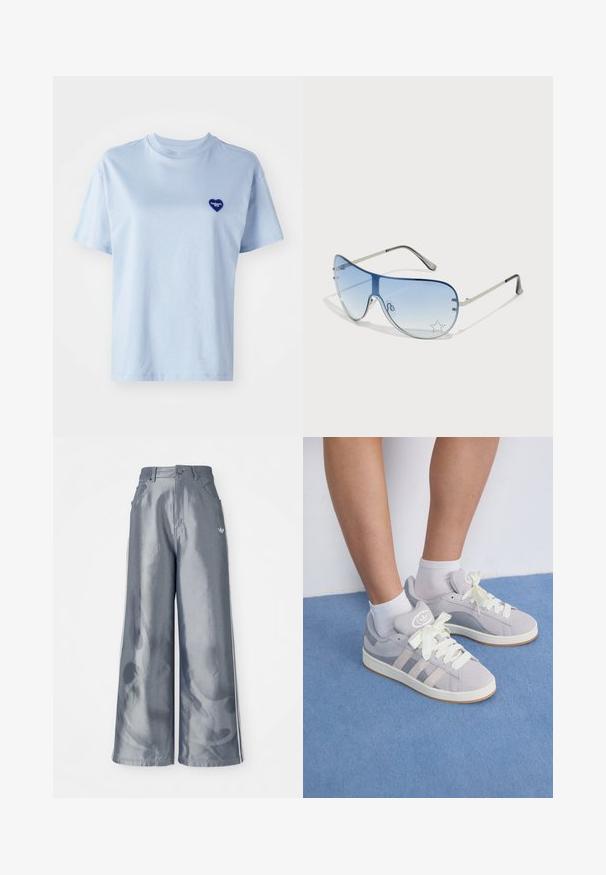 Helehelesinine lühikeste varrukatega T-särk, mis on valmistatud pehmest puuvillast, vasakul rinnal on väike sinine südame logo. Ümar kaelus, mugav lõige.; Laiad püksid läikivast hallist materjalist, valgete külgtriipudega ja põlevate mustritega alumistes jalgades. Nööp ja lukku kinnitamine vööl.; Hallid hallad südamega ketsid valgete paelte ja kummitaldadega, millel on külgedel kolm diagonaalset triipu ja sildiga logoga keele peal.; Aviatori prillid, millel on gradient sinine objektiiv, hõbedane metallraam ja dekoratiivsed staaraktsendid objektiivil. Sujuv ja stiilne disain.