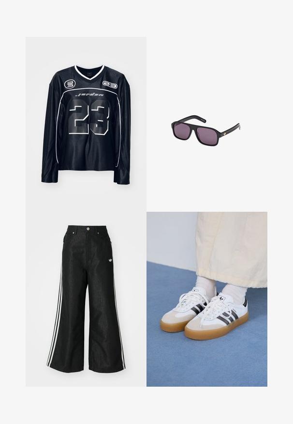 Long-sleeve black jersey with white accents, featuring the number “23” prominently on the front, made from a smooth, lightweight material.; Black wide-leg denim pants with three white stripe accents on each side and a small white logo. Features front pockets and a button closure.; White sneakers with black stripes and beige suede accents. Feature a textured gum sole and flat white laces, worn with light-colored socks.; Black sunglasses with a square frame, dark lenses, and a gold logo accent on the arm. Smooth plastic material with a matte finish.
