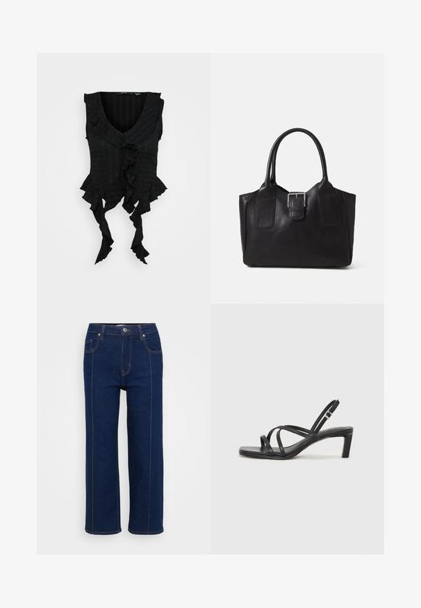 Black sleeveless top with a deep V-neck, featuring ruffled edges and a textured fabric. Accentuates a flowing silhouette.; Dark blue straight-leg jeans with button closure, front and back pockets, and visible orange stitching along seams.; Black strappy sandal with a square toe and a low block heel. Features multiple thin straps and an adjustable ankle strap. Made of smooth leather.; Black leather tote bag with smooth texture, structured shape, two handles, and a prominent silver buckle detail on the front.; Silver double-band ring with a smooth, polished surface. Features a fluid, curved design with overlapping sections for a modern look.