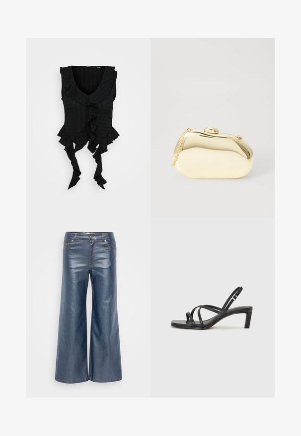 Crna bez rukava majica s dubokim V-izrezom, s volanima na rubovima i teksturiranom tkaninom. Ističe lepršavu siluetu.; Široke traperice u tamnoplavoj boji, s glatkom teksturom, dizajnom s pet džepova i kontrastnim šavovima. Prednje zatvaranje na dugme i patentni zatvarač.; Crne sandale s trakama, kvadratnim prstom i niskom blok petom. Ima više tankih trakica i podesivu trakicu oko gležnja. Izrađene su od glatke kože.; Metalni zlatni clutch s glatkim, zaobljenim oblikom, s gornjim kopčom na dugme i malim lancem za nošenje.; Zlatni prsten s teksturiranim, valovitim dizajnom koji ima tri istaknuta vrha. Glatka, sjajna površina s otvorenom trakom za podešavanje veličine.