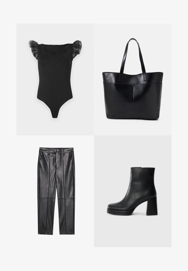 Černý upnutý body s čtvercovým výstřihem a průhlednými volánkovými rukávy, vystavený na bílém pozadí.; Černé kožené kalhoty s hladkou texturou, se střihovým provedením rovného střihu, dvěma předními kapsami a viditelnými švy.; Černý kožený kotníkový bot s blokovým podpatkem a platformou, viděný z boku na jednoduchém bílém pozadí.; Černá kožená taška s dlouhými ušima, hladkým povrchem a strukturovaným tvarem. Obsahuje přední kapsu pro další úložný prostor.