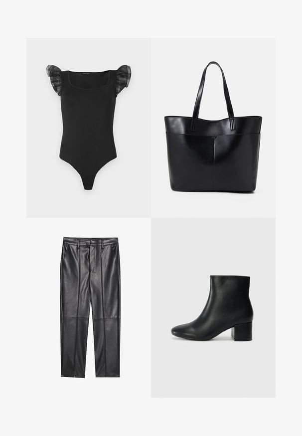 Čierny priliehavý body s štvorcovým výstrihom a priehľadnými volánikmi na rukávoch, vystavený na bielom pozadí.; Čierne kožené nohavice s hladkou textúrou, rovného strihu, s dvoma prednými vreckami a viditeľným švom.; Čierne kožené členkové čižmy s špicatou špičkou a hrubým podpätkom. Hladká textúra s minimálnymi akcentmi a elegantným, priliehavým dizajnom.; Čierna kožená tote taška s dvoma dlhými rúčkami, hladkým povrchom a štruktúrovaným tvarom. Obsahuje prednú kapsu pre dodatočné uskladnenie.