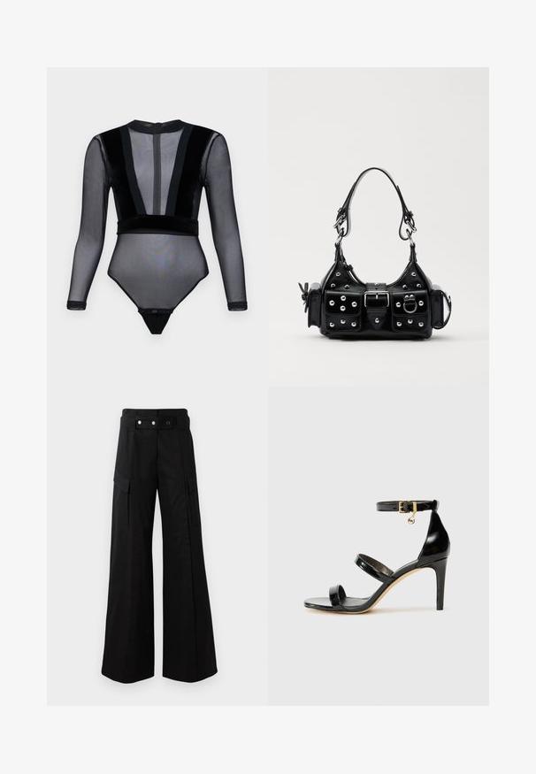 Body noir avec de longues manches transparentes et un panneau avant en velours. Il présente un col montant, une fermeture éclair, et un fond à pression avec des accents en dentelle.; Pantalons larges noirs avec une taille haute, dotés de grandes poches latérales, de deux boutons à l'avant et d'un détail en boucle. Fabriqués en tissu résistant.; Sandale en cuir verni noir avec trois brides, boucle de cheville et talon aiguille de 10 cm. Présente un détail en métal doré et un charm logo.; Sac à main en cuir noir au design courbé, avec des clous en argent, une boucle et deux poches latérales. Bandoulière réglable pour différentes options de transport.