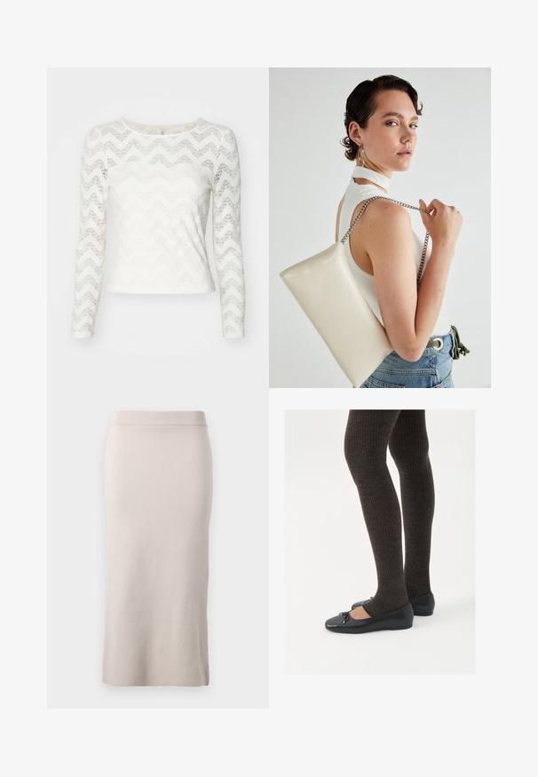 Valge pikakäisteline topp, millel on siksakiline pitsimuster, ümmargune kaelus ja vormiv siluett. Sile tekstuur kerge läikega.; Kootud pliiatsiseelik heledas beežis, ribitud vöökoht, kitsas istuvus ja külgsisselõige liikumise mugavuse tagamiseks. Pehme tekstuur, minimalistlik disain.; Mustad mustad kingad väikese teksaga varvaste juures, koos tumedate pruunide ribakangastega. Kingadel on sile tekstuur ja madal profiil.; Valge ristkülikuline kotti, mis on valmistatud läikivast materjalist, hõbedase ahelsangaga. Mudel poseerib, tutvustades kotti ühtlase taustaga.