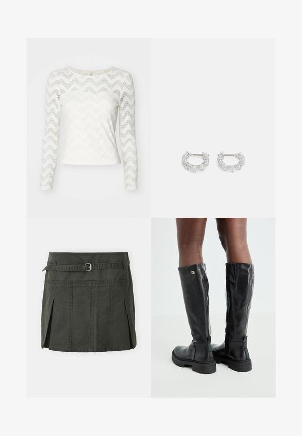 White long-sleeve top featuring a zigzag lace pattern, round neckline, and a fitted silhouette. Smooth texture with slight sheen.; Dark green, cotton mini skirt with a fitted waist, a belt, and front pleats. Features stitching details and a classic cut.; Black knee-high leather boots with a smooth texture, rounded toe, chunky sole, and zipper closure. Features silver logo on the side.; Silver hoop earrings featuring clear, rectangular and triangular crystals arranged in a patterned design. Posts for secure fastening.