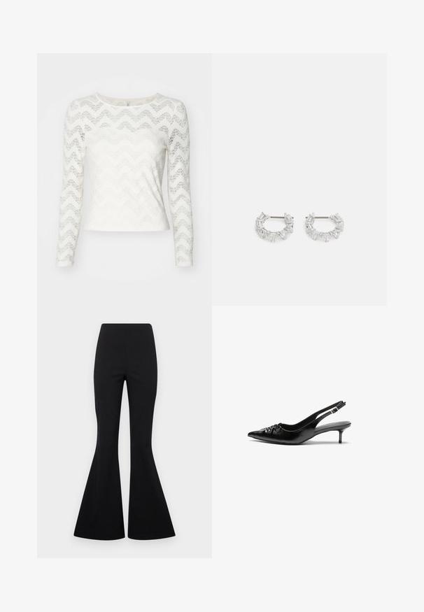 Top de manga larga blanca con un patrón de encaje en zigzag, escote redondo y una silueta ajustada. Textura suave con un ligero brillo.; Pantalones acampanados negros hechos de tela elástica con una textura suave, que cuentan con una cintura alta y piernas anchas de estilo acampanado.; Tacones slingback de cuero negro con punta puntiaguda, tacón bajo de estilo kitten y detalle fruncido en el empeine. Textura suave y diseño minimalista.; Pendientes de aro de plata con cristales claros, rectangulares y triangulares dispuestos en un diseño en patrones. Con tachuelas para un cierre seguro.