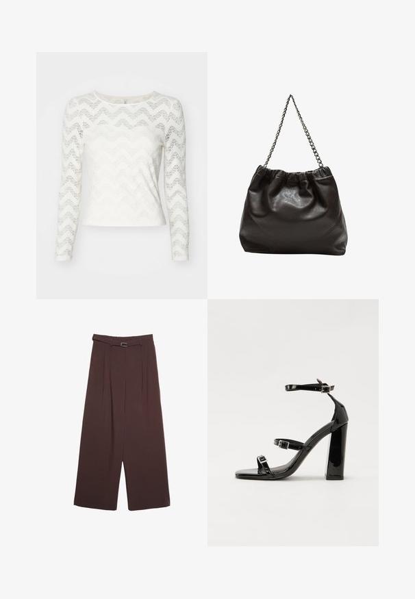 Biely dlhý rukáv top s prickým čipkovým vzorom, okrúhlym výstrihom a priliehavým strihom. Hladká textúra s jemným leskom.; Stradivarius WIDE-LEG WITH BUCKLE DETAIL - Nohavice - dark brown; Čierne lakované sandále na podpätku so štvorcovou špičkou, navlečenými remienkami okolo členku a striebornými prackami. Disponujú masívnym blokovým podpätkom pre stabilitu.; Hnedá kožená taška so zberaným vrchom a reťazovým popruhom. Hladký povrch s lesklým finišom a jemným švom po stranách.