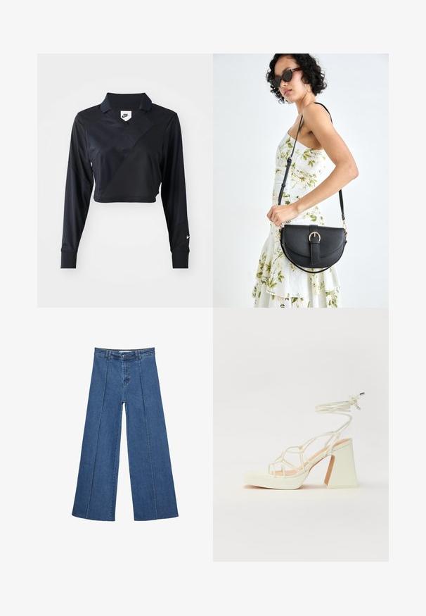 Czarny długi rękaw krótki polo z dekoltem w kształcie V, charakteryzujący się ukośnym szwem, gładką fakturą oraz logo Nike na rękawie.; Jeans typu wide-leg w średnim niebieskim kolorze, z wysokim stanem, zapięciem na guziki oraz kontrastowymi szwami pionowymi z przodu.; Biała sandał na wysokim obcasie z masywnym słupkiem, z paskowym wzorem i wiązaniem przy kostce. Gładka faktura z platformą z przodu dla dodatkowej wysokości.; Czarna skórzana torebka o zakrzywionym kształcie, z odpinanym paskiem i złotymi akcentami. Torebka posiada klapę z zapięciem w kształcie klamry.