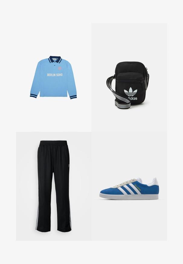 Light blue long-sleeve polo shirt with dark blue collar and cuffs, features white text "BERLIN SOHO" and a circular logo on left chest.; Black athletic pants with an elastic waistband, featuring white side stripes and a small logo. Material appears soft and lightweight.; adidas Originals ADIDAS GAZELLE SHOES - Indoor football boots - real madrid/bluebird/footwear white/crew yellow; Black fabric crossbody bag with a zipper closure, featuring a white Adidas logo and a striped adjustable strap for easy carrying.