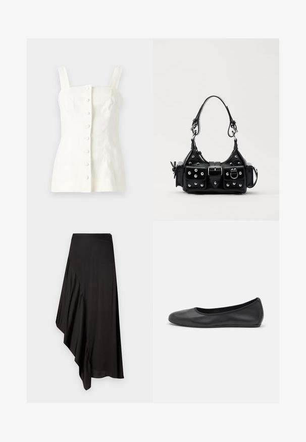 Balta lininė bevandenė palaidinė su prigludusia silueto forma, priekyje užsegama su penkiais mygtukais ir tiesiomis rankovėmis.; AERON ASTER SKIRT - Pieštukinis sijonas - black; Juodai odiniai baletai su apvaliu pirštu, lygi texture, minimalus siuvimo detales ir lanksčiu padų dizainu.; Juodas odinis rankinukas su kreiviu dizainu, su sidabro spalvos knopkėmis, užsegimu ir dviem šoninėmis kišenėmis. Reguliuojama dirželis nešimui.