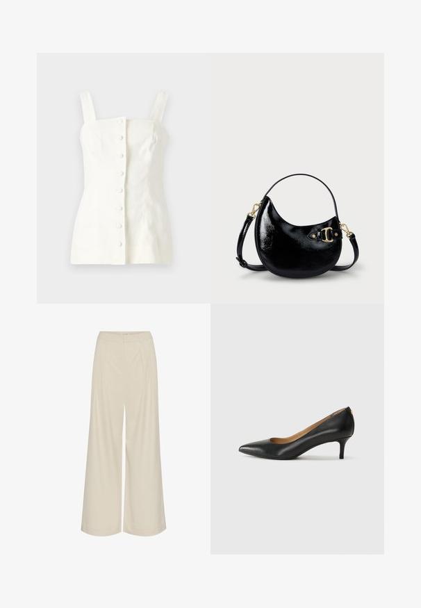 Valge linasest ilma varrukateta topp, millel on talje joon ja esine nupuga kinnitamine viie nupuga, sirged rihmad.; Laia jalad kerge beeži kangaga, millel on voldid, kõrge vöökoht ja sile tekstuur ilma nähtavate kaunistusteta.; Must musta musta, millel on terav nina, madal konts ja sile tekstuur. Omab pisut avatud osa ees ja minimaalset riistvara taga.; Must musta nahk käekott kumerate joontega, reguleeritava rihmaga ja kuldse tooniga detailidega küljel. Sile, särav tekstuur.