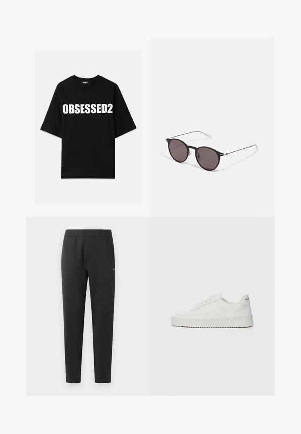 Black cotton t-shirt featuring large white "OBSESSED2" text on the front, crew neckline, and short sleeves. Standard fit with smooth texture.; Black jogger pants made of soft fabric, featuring an elastic waistband, straight legs, and a single small logo detail on the side.; White leather sneaker with a smooth finish, round toe, flat laces, and a textured sole. Features a subtle logo on the heel.; Black round sunglasses with dark lenses and slim metal arms. Includes clear temple tips and silver accents at the hinge. Minimalist design.