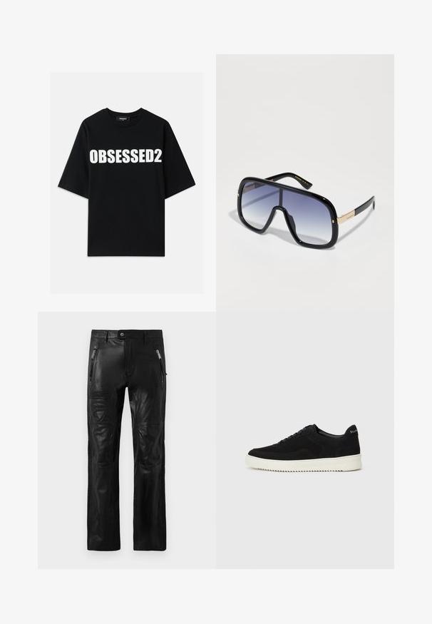 Crna pamučna majica s velikim bijelim natpisom "OBSESSED2" sprijeda, okruglim izrezom i kratkim rukavima. Standardni kroj s glatkom teksturom.; Crne kožne hlače s prednjim zip džepovima, petljama za pojas, šivenim panelima na koljenima te utisnutim Ducati i Dsquared2 brand oznakama na butini.; Crne nubuk tenisice s vezanjem i kontrastnom bijelom gumenom potplatom. Imaju teksturirane bočne panele i suptilno brendiranje na peti.; Prevelike crne sunčane naočale s gradijentnim ljubičastim staklima, sjajnom završnom obradom i zlatnim detaljima na mjestu spajanja. Pravokutni oblik okvira.
