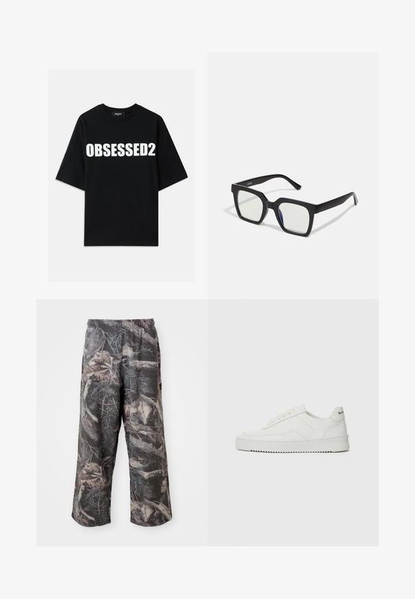Črna bombažna majica s kratkimi rokavi, ki na sprednji strani nosi velik bel napis "OBSESSED2", okrogel ovratnik in standardno prileganje z gladko teksturo.; Hlače širokega kroja z vojaškim vzorcem v umirjenem sivem in rjavem barvnem spektru, z elastičnim pasom in sproščenim krojem za povečanje udobja in mobilnosti.; Bela usnjena športna obutev z gladko površino, okroglo prst, ravne vezalke in teksturiran podplat. Ima diskretno logo na peti.; Črne sončne očala s mat končno obdelavo, ki imajo prozorne leče z rahlo modrim odtenkom na eni strani. Močna, angleska zasnova.