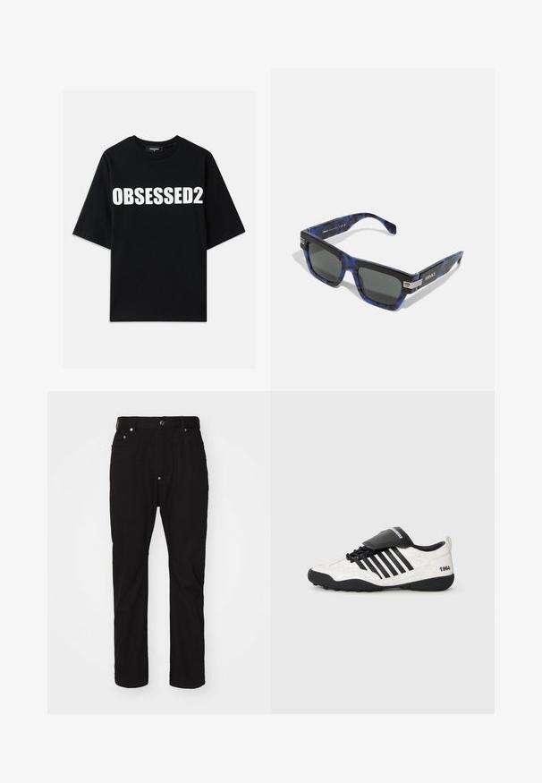 Sort bomulds T-shirt med stort hvidt "OBSESSED2" tekst på fronten, rund halsudskæring og korte ærmer. Standard pasform med glat overflade.; Sorte bomuldsbukser med lige pasform, knaplukning, fem-lomme design og subtil tekstur. Ingen synlige dekorationer eller mønstre.; Sneaker med en hvid sprække-overflade, sorte detaljer, fem vandrette striber og en sort polstret tunge mærket "1984." Sort gummisål.; Versace Solbriller - havana blue/dark grey