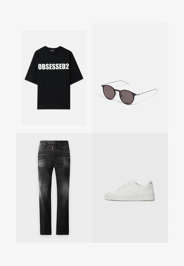 Čierne bavlnené tričko s veľkým bielym textom "OBSESSED2" na prednej strane, s okrúhlym výstrihom a krátkymi rukávmi. Štandardný strih s hladkou textúrou.; Čierne denimové džínsy so štandardným strihom. Obsahujú vyblednuté oblasti, drobné opotrebenie, klasický dizajn s piatimi vreckami a zapínanie na gombík.; Biele kožené tenisky s hladkým povrchom, okrúly špičkový dizajn, ploché šnúrky a textúrovaná podrážka. Obsahujú jemné logo na päte.; Čierne okrúhle slnečné okuliare s tmavými sklami a tenkými kovovými ramenami. Obsahujú priehľadné konce rámov a strieborné akcenty na pántoch. Minimalistický dizajn.