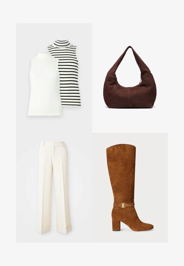 Kaksi hihattomaa turtleneckia: yksi yksivärinen valkoinen, toinen valkoinen mustilla vaakaraitoja. Molemmat ovat ribbitekniikalla tehtyjä ja tiukkoja.; Beige leveled trousers with a smooth texture, front pleats, and folded cuffs. Includes belt loops and a zip fly closure.; Kaunis ruskea mokkahousu, joka ulottuu polven ylle, neliön muotoisella kärjellä, tukevalla korkolla ja kultaisella soljella, joka on kiinnitetty yhteensopivalla mokkavyöllä nilkan ympärille.; Ruskea mokkahobo-laukku, jossa on kaareva, leveä kahva ja suuri aukko. Pehmeä tekstuuri, jossa on näkyvää tikkausta reunoilla.