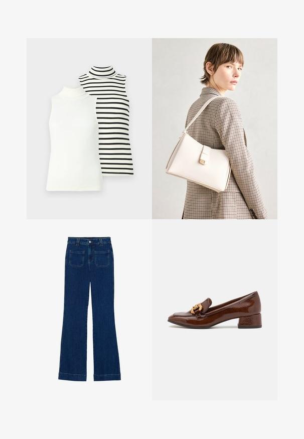 Zwei ärmellose Rollkragenpullover: einer einfarbig weiß, der andere weiß mit schwarzen horizontalen Streifen. Beide sind gerippt und figurbetont.; Dunkelblaue Denim-Jeans im Schlagstil mit glatter Textur, Fünf-Taschen-Design und einem Knopfverschluss an der Taille.; Braune Lederloafers mit glänzender Oberfläche, ausgestattet mit einer dekorativen goldenen Schnalle an der Vorderseite und einem niedrigen Blockabsatz. Klassisches Design.; Weiße Lederhandtasche mit strukturiertem Design, ausgestattet mit einem Magnetverschluss und einem Schulterriemen, präsentiert vor einem neutralen Hintergrund.