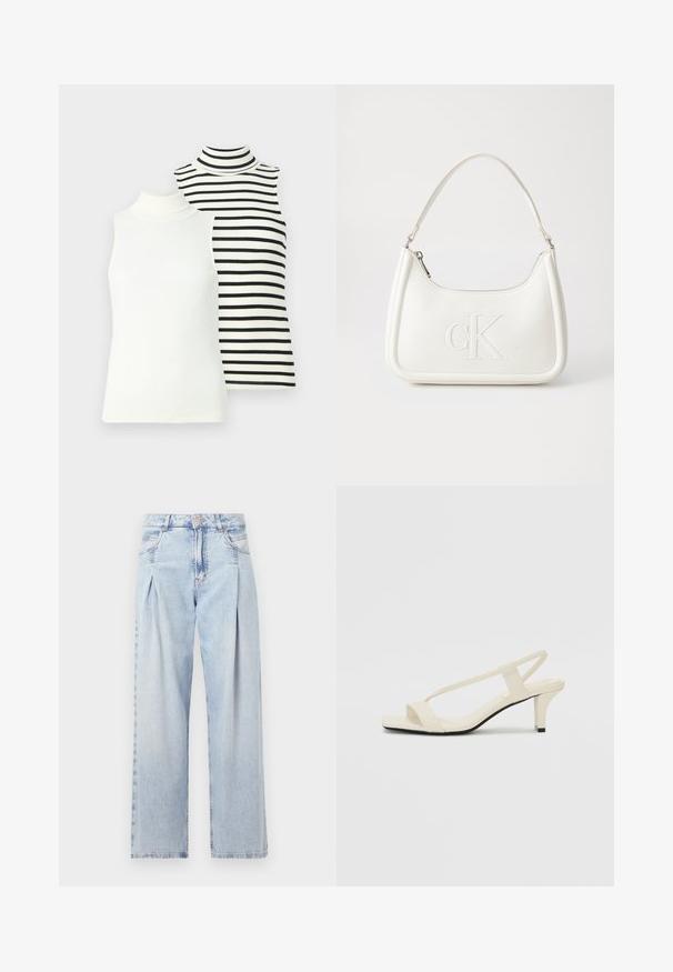 Kaks ilma varrukat turtleneck'i: üks ühtlane valge, teine valge mustade horisontaalsete triipudega. Mõlemad on ribilised ja keha lähedal istuvad.; Heledad sinise denimist valmistatud teksapüksid kõrge vöökohaga, laia jala lõikega, kahe külje taskuga ja pleedi disainiga. Pehme tekstuur ja pleekinud viimistlus.; Beez blok-kandadesed õhukeste rihmadega ja ruudukujulise varbaga. Sile materjal minimaalsete detailidega, kujundatud mugavaks kandmiseks.; Valge nahast käekott, millel on kumer kuju, esiküljel on reljeefne "CK" logo ja üks õlavarre rihm. Ülemine tõmblukkuu.