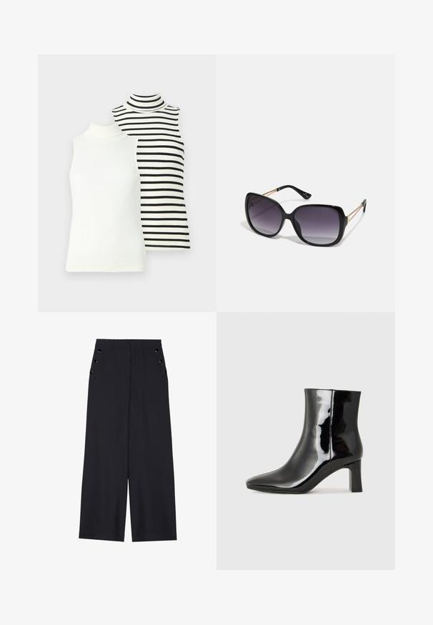 Kaks ilma varrukat turtleneck'i: üks ühtlane valge, teine valge mustade horisontaalsete triipudega. Mõlemad on ribilised ja keha lähedal istuvad.; Laiad püksid tumesinises kangas, millel on sile tekstuur, ees pleedid ja dekoratiivsed kuldset värvi järgipuuaugud küljetaskutel.; Must-sinine nahkjalats musta läikiva viimistlusega, millel on terav nina ja keskmise kõrgusega plokk konts. Sile tekstuur ja minimalistik disain.; Mustad ümarad päikeseglaasid, millel on gradient objektiivid, paksud raamid ja kuldse tooni kettaga kaunistused tempelitel.