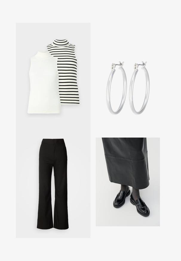 Dva bezrukava rolka: jedan u jednobojnoj bijeloj boji, drugi bijeli s crnim horizontalnim prugama. Oboje su rebrasti i uski.; Crne široke hlače s glatkom teksturom, visokim strukom i jednostavnim dizajnom. Bez vidljivih džepova ili ukrasa.; Crne kožne mokasine s glatkom završnom obradom, s dekorativnom trakicom, okruglim vrhom i teksturiranom potplatom. Nosi se s dugom crnom kožnom suknjom.; Srebrne kružne naušnice s glatkom, poliranom površinom. Okrugli oblik i sigurno kopčanje na klik. Lagani dizajn pogodan za svakodnevno nošenje.