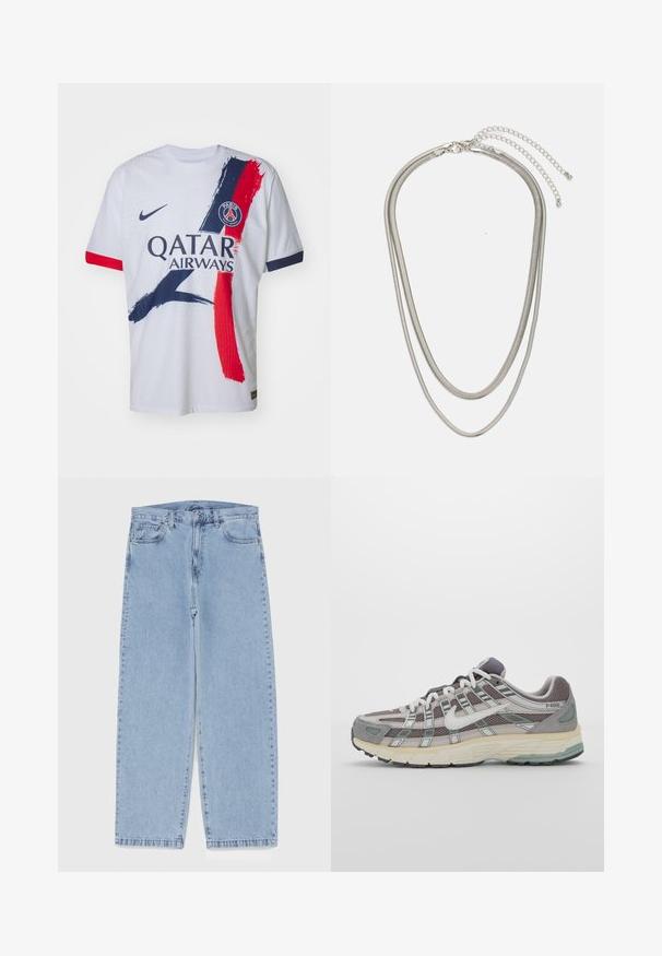 Bílý fotbalový dres Nike s červenými a námořnickými štětcovými grafikami, logo Qatar Airways a emblém Paříže na levé hrudi. Krátké rukávy.; Světle modré džíny s rovnými nohavicemi, středním pasem, pěti kapsami a zapínáním na knoflík a zip.; Šedá sportovní obuv s vrchní částí z mikrovlákna a semiše, bílými akcenty, polstrovanou podrážkou a jedinečným designem s reflexními prvky.; Vícevrstvý stříbrný kovový náhrdelník s elegantními, flexibilními řetízky s jemným leskem, zabezpečený karabinkou a nastavitelným řetízkem.