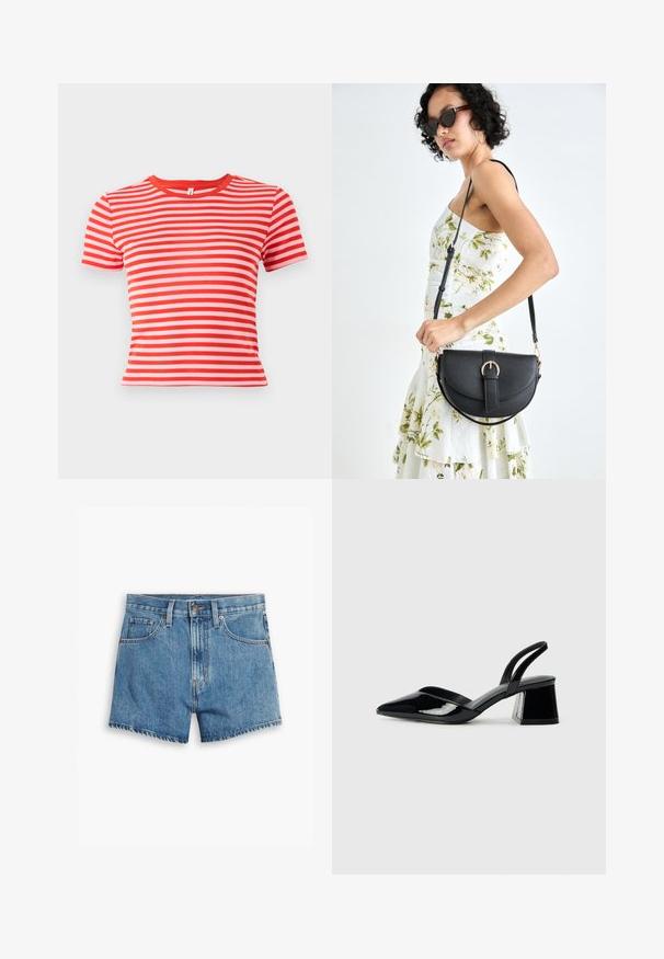 Punane ja roosa triibuline T-särk lühikesi varrukatega, ümar kaelus ja keha külge liibuv siluett. Puuvilla ja sünteetika segu kangas, millel on sile tekstuur.; Heledad teksapüksid helesinisena, millel on viis taskut, tõmblukk ja nööpkinnitus. Varrukad on lõdvenenud ja servad on kulunud.; Mustad musta lakknahk kingad, millel on terav varvas ja geomeetriline plokkkonts. Omab elegantselt minimalistlikku disaini ja sujuvat tekstuuri.; Mustmust mustraha kõverate joontega, eemaldatava rihmaga ja kuldsete detailidega. Kotil on klapp, millel on pandladetail.