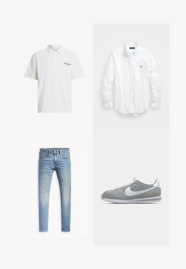 Biela polo košeľa vyrobená z bavlny s krátkymi rukávmi, gombíkovým golierom a čiernym logom na ľavej strane. Hladká textúra, klasický strih.; Biele dlhé rukávy košele so zapínaním na gombíky z bavlny. Má klasický golier, gombíkové manžety a malú tmavomodrú vyšitú logo na hrudi.; Svetlo modré úzke džínsy s miernym prehrdzavením na stehnách, predným gombíkovým zapínaním, pútkami na opasok a štýlom s piatimi vreckami na bielom pozadí.; Sivé športové tenisky s vrchom z semišu a textilu, bielym logom Nike a bielymi šnúrkami. Majú štruktúrovanú gumenú podrážku a polstrovaný golier.