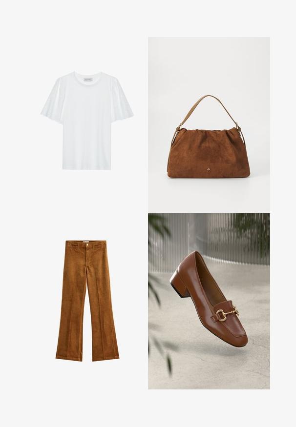 Bijela majica kratkih flared rukava s uzorkom broderie anglaise. Glatka tkanina i klasični okrugli izrez.; Smeđe kordonke širokog kroja s teksturiranom završnom obradom, pet džepova i zatvaranjem na gumb. Ravni pojas s petljama za remen i široki kroj nogavica.; Smeđi lakirani loafer s kvadratnim vrhom, metalnim lancem kao naglaskom i niskom blok petom; glatka tekstura, minimalistički dizajn.; Smeđa nubuk torba s nabranim dizajnom, s jednim tamnim kožnim remenom i suptilnim zlatnim logotipom na prednjoj strani.