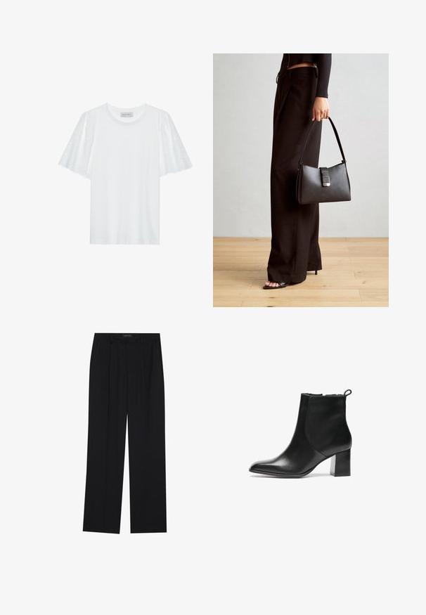 Balts T-krekls ar īsām kuplām piedurknēm, kas rotāts ar broderie anglaise rakstu. Gluda auduma un klasiskā apaļā dekoltē.; Melni bikses ar taisnu kāju dizainu, kurām ir divi priekšējie kabatas un jostasvieta. Izgatavotas no gludas, vieglas auduma.; Melnas ādas potītes zābaks ar noapaļotu purngalu, vidēja augstuma bloku papēdi un aizdari aizmugurē. Gluda tekstūra, minimāls dizains.; Melnā somiņa ar strukturētu formu, gludu tekstūru un metālu sprādzi. Saskaņota ar platām melnām biksēm un sandālēm ar atvērtu purngalu uz koka grīdas.