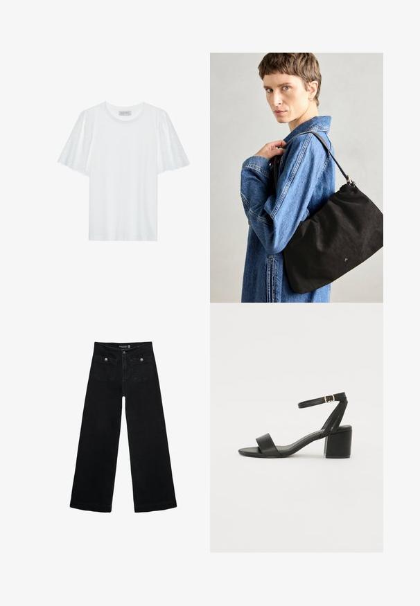 Bela majica s kratkimi razširjenimi rokavi, ki vsebuje vzorec broderie anglaise. Gladek material in klasičen ovratnik.; Črne široke kavbojke z visokim pasom, ki imajo dva sprednja žepa in kovinske gumbi. Tkanina ima gladko teksturo.; Črne sandale na peto z gladkim usnjenim zgornjim delom, odprtim nosom, širokimi sprednjimi trakovi in nastavljivim gležnjenčkom z zlatim zaponko.; Črna nubuk torba z mehkimi, a strukturnimi oblikami, opremljena s tankim usnjenim ročajem in diskretnim logotipom blagovne znamke. Model nosi jeans jakno.