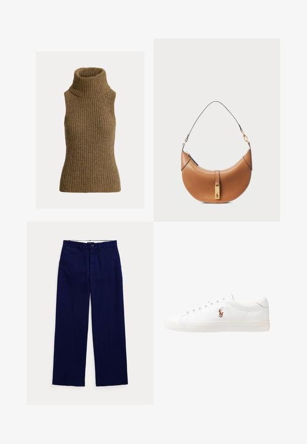 Prążkowany, bez rękawów sweter z wysokim kołnierzem w ciepłym brązowym odcieniu. Miękka struktura, dopasowany krój i wysoki, wygodny kołnierz.; Granatowe spodnie z prostymi nogawkami, z paskiem, z zapięciem na guzik i kieszeniami bocznymi na jasnym tle.; Białe skórzane sneakersy, niskoprofilowy design, charakteryzujące się gładką fakturą, okrągłym noskiem, sznurowanym przodem i małym haftowanym logo z boku.; Torebka skórzana w kolorze tan o zaokrąglonym kształcie, ze złotymi elementami i cienkim paskiem na ramię. Posiada zamek błyskawiczny i detal z logo z przodu.