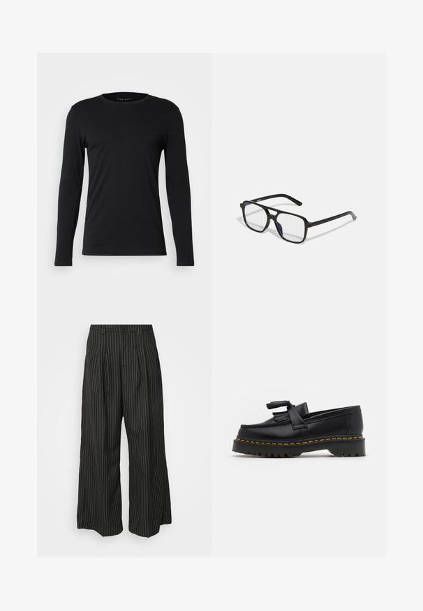 Musta pitkähihainen t-paita, joka on valmistettu pehmeästä kankaasta. Siinä on pyöreä pääntie ja tiukka Siluetti ilman näkyviä graafisia kuvioita tai koristeluja.; Mustat pinstripe-linjaiset leveälahkeiset housut, joissa on pleateja, taidokkaalla muotoilulla ja pehmeällä tekstuurilla. Ei näkyvää metalliosia tai koristeita.; Musta nahkakengät, joissa on tupsuakkentti, paksu musta pohja ja keltainen ommel reunassa. Rakeinen pinta.; Mustat suorakulmaiset glasses, joissa on kirkkaat linssit ja hienovarainen violetti sävy, joissa on tyylikkäät eläimet ja minimalistinen muotoilu.