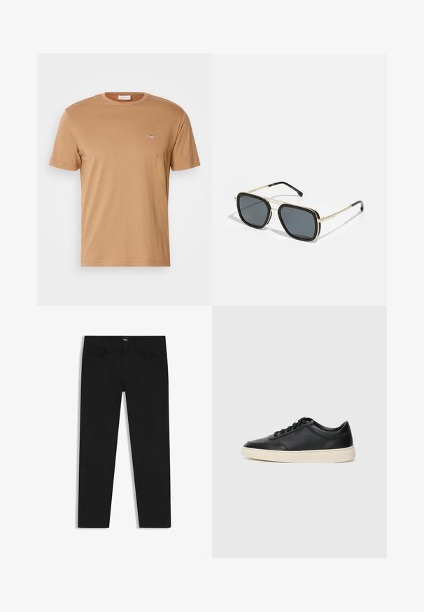 GANT PRINTED ARCHIVE SHIELD - T-shirts basic - roasted walnut; Sorte denimbukser med lige pasform, der har en standard talje, fem lommer og en knaplukning. Glat struktur over det hele.; Sort lavt top lædersneaker med sorte snørebånd og off-white sål vist i sideprofil på hvid baggrund.; Sorte og guld solbriller med firkantet form, metalramme, mørke grå linser og sorte stænger. Har design med dobbelt bro.