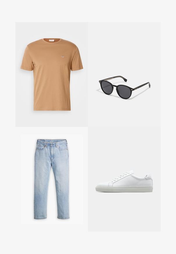 GANT - T-shirt basic; Jasnoniebieskie dżinsy wykonane z denimu o prostym kroju, styl pięciu kieszeni i kontrastowe szwy. Zapięcie na guziki i zamek błyskawiczny w talii.; Białe sneakersy z gładką skórzaną cholewką i niskim profilem. Posiadają okrągły nos, sześć dziurek na sznurówki oraz teksturowaną gumową podeszwę.; BOSS Okulary przeciwsłoneczne