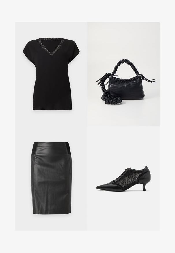 Črna kratka majica s kratkimi rokavi in V-izrezom z čipkastim robom. Mehka tkanina z ohlapnim krojem, primerna za vsakodnevno nošenje.; Črnen usnjen svinčnik krilo s prilegajočim dizajnom, gladko teksturo in elastičnim pasom z dodatki na obeh straneh. Raven rob na dnu.; Črne čevlje z ostro nosom, zasnovane z mrežnim panelom, z nizko peto in vezalkami spredaj. Narejeni so iz kombinacije usnja in mrežnega materiala.; Črna torbica iz umetnega usnja s krokodilovo teksturo, z zvitim vrhom in zmečkano naramico. Zdi se mehka in kompaktna v oblikovanju.