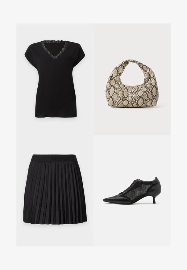 Black short-sleeve top with a V-neck design featuring a lace trim. Soft fabric with a loose fit, suitable for casual wear.; Black pleated skirt with a smooth texture, featuring a solid black waistband and an embossed logo detail at the front.; Black pointed-toe shoe with a mesh panel design, featuring a low heel and lace-up front. Made from a combination of leather and mesh material.; Snake-print handbag with a curved handle. Made from textured, beige and brown materials, featuring a distinctive diamond pattern.