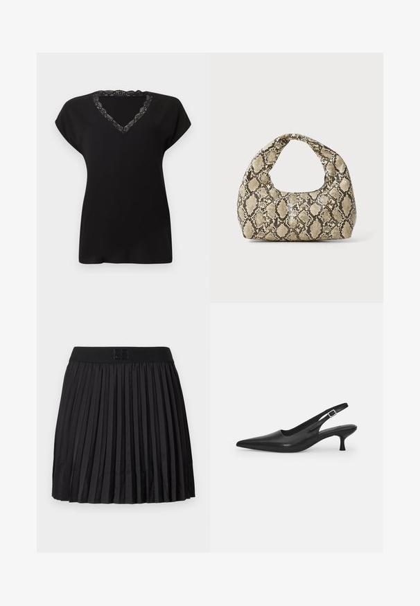 Top preto de mangas curtas com decote em V decorado com renda. Tecido macio com caimento solto, adequado para uso casual.; Saia preta plissada com uma textura suave, apresentando uma cintura preta sólida e um detalhe de logotipo embutido na parte da frente.; Shoe slingback preta em pele com bico fino e um salto slim e curvado. Apresenta uma tira ajustável discreta com uma fivela de metal.; Bolsa com padrão de pele de cobra e uma alça curva. Feita de materiais texturizados em bege e castanho, apresentando um padrão de diamante distintivo.
