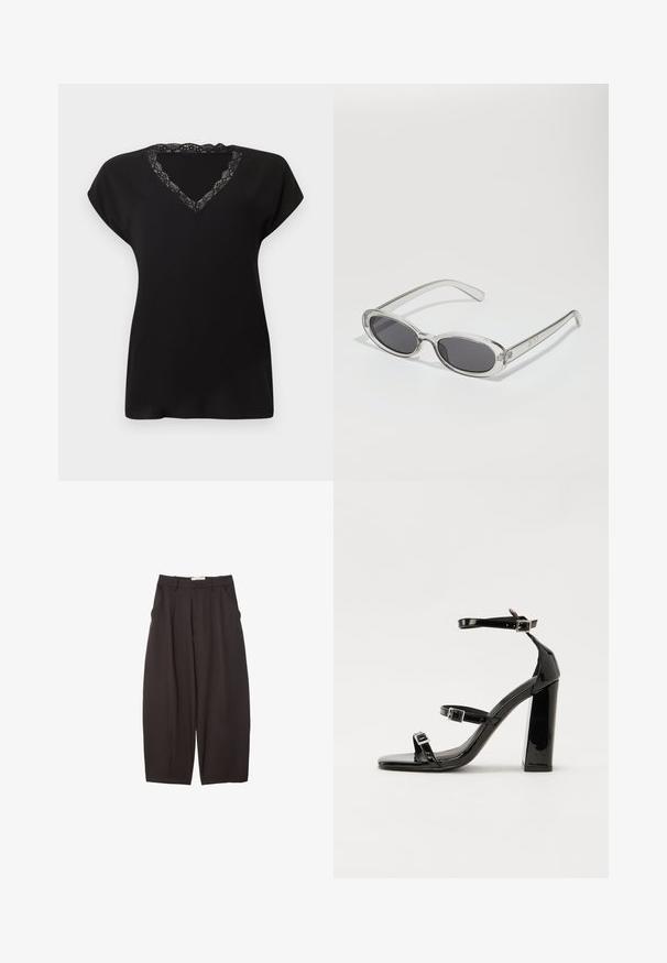 Črna kratka majica s kratkimi rokavi in V-izrezom z čipkastim robom. Mehka tkanina z ohlapnim krojem, primerna za vsakodnevno nošenje.; Črne široke hlače iz gladkega materiala, z visokim pasom, zgornjimi pregibi in stranskimi žepi. Preprost dizajn brez okrasnih elementov.; Črne lakirane sandale s peto, kvadratnim prstom, trakovi okrog gležnja in srebrnimi zaponkami. Opremljene so s stabilno Debelo peto.; Sončna očala ovalne oblike, prozoren plastičen okvir, temno sivi leči in tanke prozorne roke z logotipnimi akcenti in minimalnimi detajli.; Črna usnjena torbica s ukrivljeno obliko, z odstranljivo naramnico in zlatimi dodatki. Torbica ima pokrov s podrobnostmi v obliki zaponke.