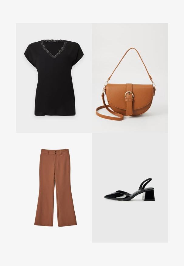 Sort kortærmet top med V-hals og blondekant. Blødt stof med løs pasform, velegnet til afslappet brug.; Brune, udfoldede bukser lavet af blødt stof. Har to frontknapper og en glat overflade uden synlige mønstre eller accenter.; Sorte patentlæder slingback hæle med spids tå og en geometrisk blok hæl. Har et elegant, minimalistisk design og en glat tekstur.; Brun læder crossbody taske med en buet form, guldfarvet hardware og en spændeaccent. Har en aftagelig skulderrem.