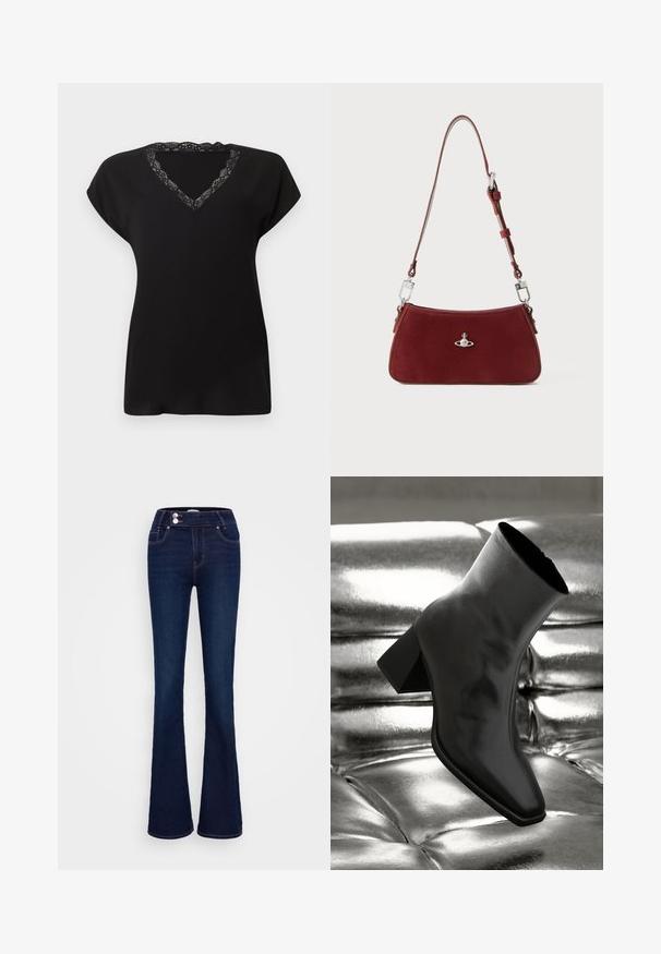 Black short-sleeve top with a V-neck design featuring a lace trim. Soft fabric with a loose fit, suitable for casual wear.; Dark blue flared jeans featuring a high-rise waist, two front pockets, and two button closures. Made from denim with a smooth texture.; Black ankle boot made of glossy material with a square toe and tapered heel, set against a shiny silver tufted background.; Red suede shoulder bag with a curved shape. Features a silver-tone accent and adjustable strap with hardware detailing. Smooth texture.