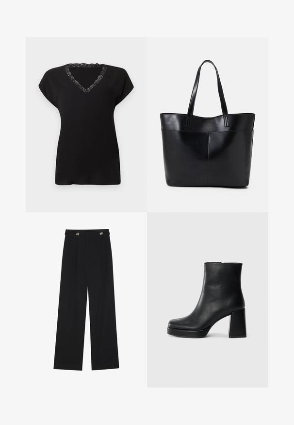 Top preto de mangas curtas com decote em V decorado com renda. Tecido macio com caimento solto, adequado para uso casual.; Calças largas pretas com cintura alta, detalhes em botão na cintura e pregas frontais.; Bota de couro preta até ao tornozelo com salto bloco e sola com plataforma, vista de lado sobre um fundo branco liso.; Bolsa tote preta em couro com duas alças longas, textura suave e forma estruturada. Apresenta um bolso frontal para armazenamento adicional.