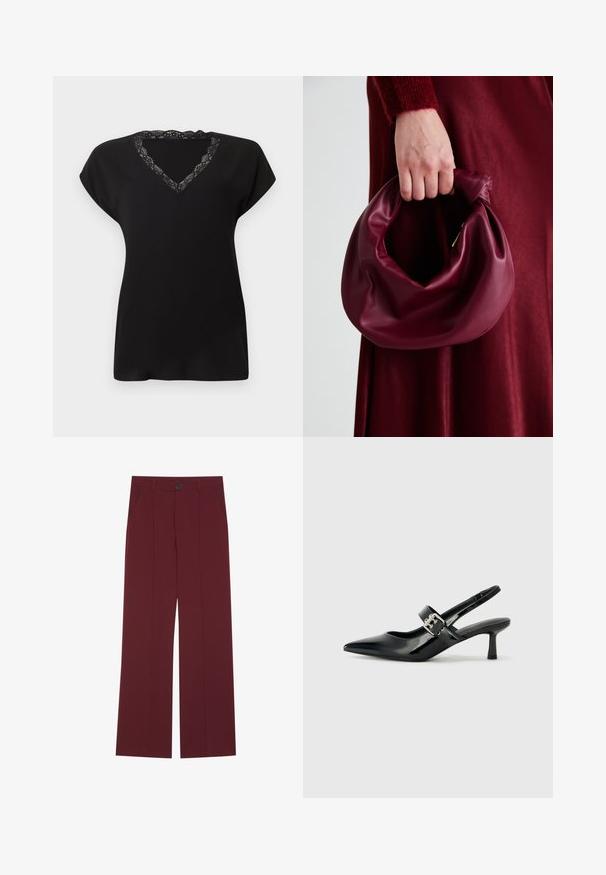 Juodas trumpomis rankovėmis viršus su V formos iškirpte ir nėrinių apdaila. Minkšta medžiaga su laisvu siluetu, tinkama kasdieniam dėvėjimui.; Burgundinės kelnes su plačiomis kojomis, turinčios mygtukų užsegimą, dvi šonines kišenes ir raukšlių detalę priekyje. Lygus audinio paviršius.; Juodai lakuoti slingback aukštakulniai su smailiu kojų pirštu ir mažais blokiniais kulniukais, su sidabro sagtimi ant dirželio.; Bordo odinė rankinė su minkštu, susiraukšlėjusiu dizainu ir apvalia forma. Rankena yra tvirtai pritvirtinta, atskleidžianti lygią tekstūrą.