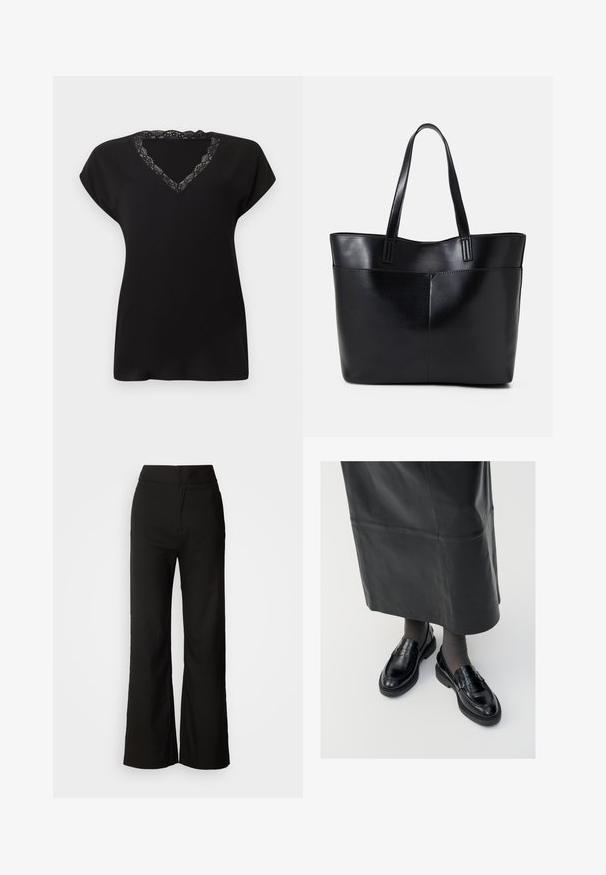 Mustast lühikeste varrukatega topp V-kaelusega, millel on pitsiline ääris. Pehme kangas ja lahtine lõige, sobib igapäevaseks kandmiseks.; Mustad laiad püksid sujuva tekstuuriga, kõrge vöökoht ja puhas disain. Ei ole nähtavaid taskuid ega dekoreerimist.; Mustad nahast loafertossud sileda pinnaga, dekoratiivse rihma, ümarate varvaste ja tekstuuriga tallaga. Kanda pikkade mustade nahkseelikutega.; Must mustaga musta nahast, millel on kaks pikka kanda, sile tekstuur ja struktureeritud kuju. Esipoolsel on lisakoti jaoks tasku.
