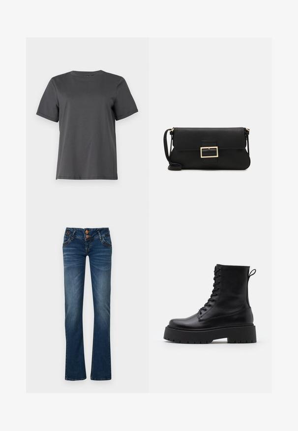 Pieces PCRIA FOLD UP SOLID TEE - T-paita - magnet; Tummansiniset bootcut-farkut, joissa on kaksi etunappia, viisi taskua ja hienoa haalistumaa reisissä ja polvissa.; Musta nahkainen nilkkureita, joissa on pyöreä kärki, nauhakiinnitys edessä ja paksu kumipohja, jossa on teksturoitu pinta. Takana vetotappi.; Musta nahkainen kynäpenkkilaukku, jossa on läppä ja kultainen metallinen solkiyksityiskohta. Mukana musta hihna ja tyylikäs, minimalistinen muotoilu.