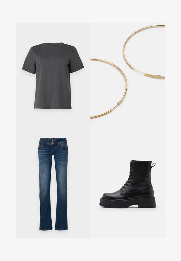 Pieces PCRIA FOLD UP SOLID TEE - T-shirt - bas - magnet; Mörkblå bootcut-jeans med två framknappar, fem fickor och subtil blekning på låren och knäna.; Svarta läderankelboots med rund tå, snörning framtill och en tjock gummisula med strukturerat mönster. Dragflik bak.; Guldiga hoopsörhängen, tunna och runda i formen, med en slät metallisk finish utan utsmyckningar eller mönster.