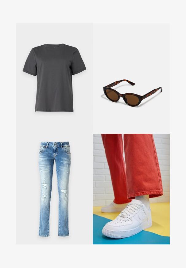 Pieces PCRIA FOLD UP SOLID TEE - Pamata T-krekls - magnet; Gai zilu džinsu bikses ar brīvu piegriezumu, kas iekļauj nolietotus elementus, pogu rāvējslēdzēju ar divām pogām un taisnām kājām.; Baltās ādas kedas ar perforētu purngalu, teksturētu zoli un baltām auklām, apvienotas ar platām sarkanām biksēm un zilu un dzeltenu fona.; Brūnas pūķu kaula saulesbrilles ar vintage kaķa acs formu un brūniem stikliem. Ievērojamas ar izliektiem ieročiem ar sarkaniem akcentiem.; Melnā hobo soma, kas izgatavota no gludas ādas līdzīga materiāla, ar savītu rokturi, ar mīkstu, noapaļotu formu un augšējo rāvējslēdzēju.; Zelta auskari ar gludu, spīdīgu apdari. Apaļš dizains, kas ietver mazu tapu un caurspīdīgu pamatni drošai valkāšanai.