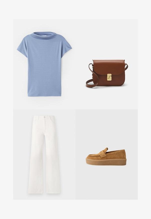 Gaiši zilā īsās piedurknes blūze, izgatavota no mīksta auduma. Tās dizainā ir apaļa kakla izgriezums un brīvs piegriezums, ar tīriem apakšmalām un bez rakstiem.; Baltas, augsto jostasvietu platās kājas džinsi, izgatavoti no denima. Iekļauj pogu aizdari, divas priekšējās kabatas un sānu šuves ar šuvju detaļām.; Brūni zamšādas loafers ar apaļu purngalu, ar ribotu platformas zoli un dekoratīvu siksnu pāri augšdaļai.; Bordo ādas rokas soma ar atloku, zeltītām detaļām, plecu siksnu un gludu virsmu. Kompakta, taisnstūrveida forma.