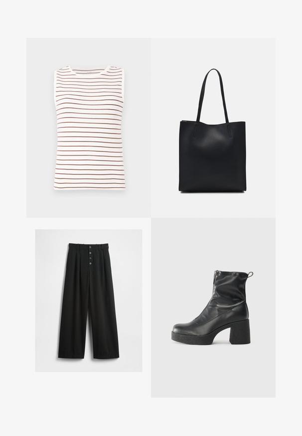 Top senza maniche caratterizzato da una base bianca con strisce orizzontali marroni, realizzato in un tessuto morbido, con scollatura rotonda e forma aderente.; Pantaloni neri a gamba larga realizzati in un tessuto strutturato. Presentano una vita alta, una chiusura frontale a cinque bottoni e pince stirate per un tocco di dettaglio in più.; Stivali neri alla caviglia in pelle liscia, con zip laterale, tacco spesso e texture, e punta arrotondata.; Borsa tote in pelle nera con texture liscia, forma rettangolare e due manici lunghi. Nessun hardware o decorazione visibile.
