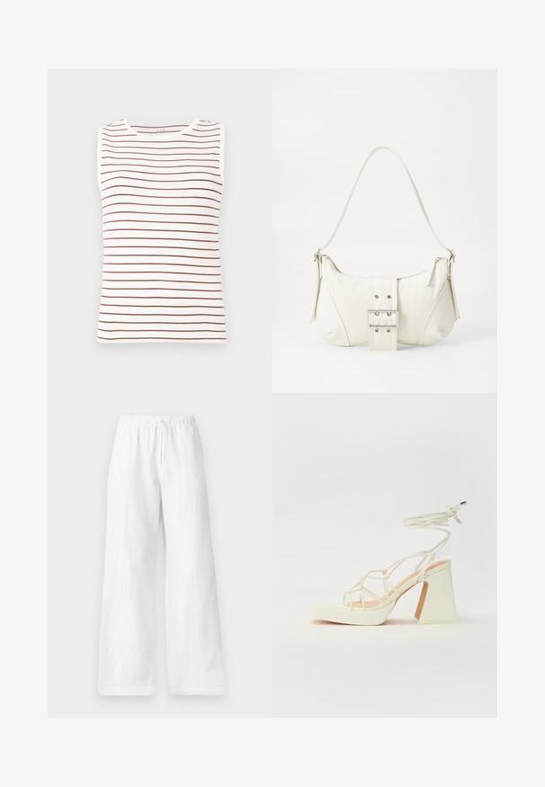 Top bez rukava s bijelom podlogom i smeškim horizontalnim prugama, izrađen od mekog materijala, s okruglim izrezom i prilagođenim oblikom.; Bijele lanene hlače širokog kroja s elastičnim pojasom i šnuricom, imaju bočne šavove i glatku teksturu. Bez džepova.; Bijela sandala na visokoj potpetici s debelim petom, s remenom i vezanjem oko gležnja. Glatka tekstura s platformom sprijeda za dodatnu visinu.; Bijela torbica s teksturiranim završetkom, središnjim detaljem kopče i zakrivljenim oblikom. Rajsferšlusi sa svake strane.